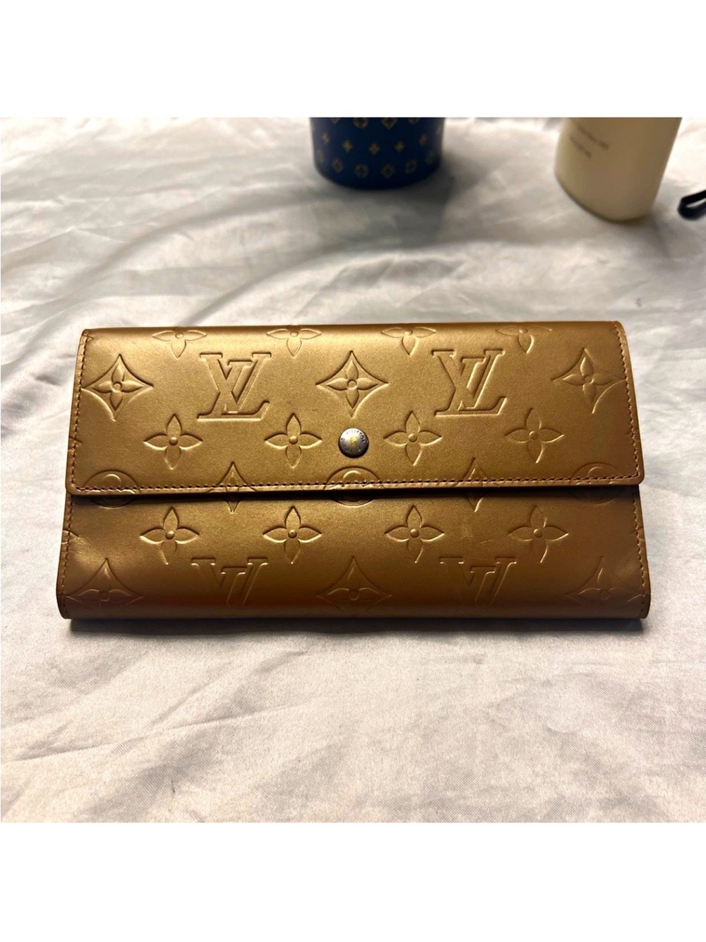 Authentic Louis Vuitton Monogram Vernis Sarah Wallet Metallic Gold Bronze + COA